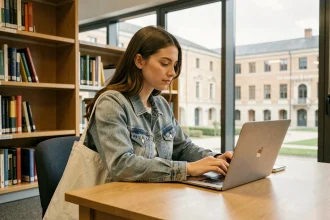 Étudiante connectée à l'ENT AMU sur son ordinateur portable dans une bibliothèque universitaire d'Aix-Marseille