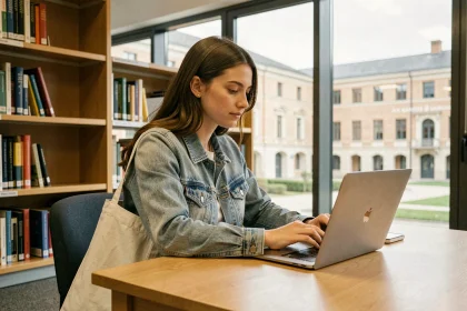 Étudiante connectée à l'ENT AMU sur son ordinateur portable dans une bibliothèque universitaire d'Aix-Marseille