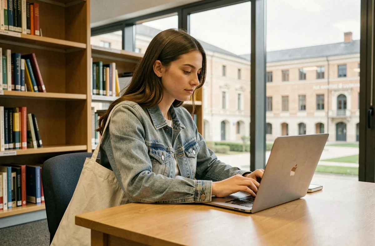 Étudiante connectée à l'ENT AMU sur son ordinateur portable dans une bibliothèque universitaire d'Aix-Marseille