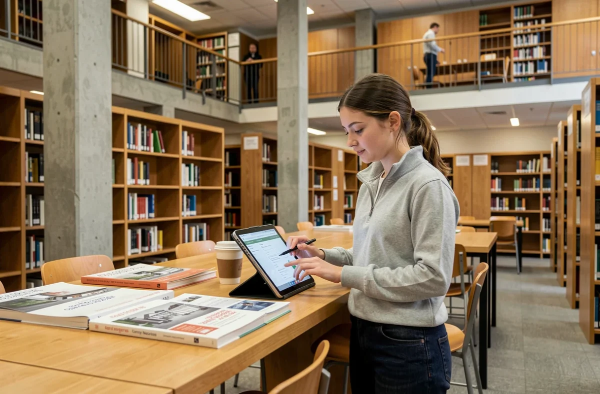 Étudiante ingénieure consultant l'ENT Centrale Marseille sur une tablette dans la bibliothèque universitaire