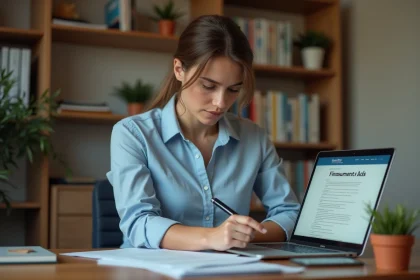 Étudiante en ergothérapie consultant des documents de financement de formation sur son bureau à domicile