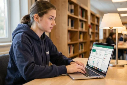 Étudiante de l'ESME explorant les fonctionnalités cachées du campus numérique My Digital Campus sur son ordinateur portable en bibliothèque