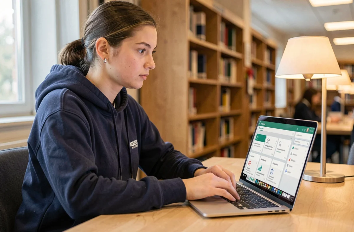 Étudiante de l'ESME explorant les fonctionnalités cachées du campus numérique My Digital Campus sur son ordinateur portable en bibliothèque