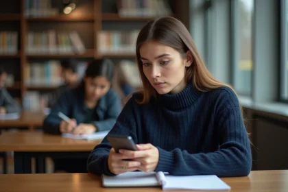 Étudiante consultant une notification sur son smartphone dans une bibliothèque universitaire moderne