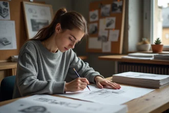 Étudiante en préparation aux concours Gobelin révisant ses croquis d'architecture dans un studio parisien