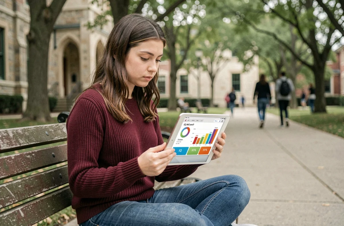 Étudiante lisant ses résultats de test de QI sur une tablette sur un banc de campus universitaire avec une expression pensive