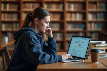 Étudiante de l'Université Bretagne Sud consultant l'ENT UBS sur son ordinateur portable dans une bibliothèque universitaire