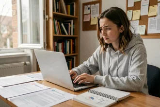 Jeune étudiante vérifiant son code UAI d'école sur Parcoursup depuis son bureau à domicile