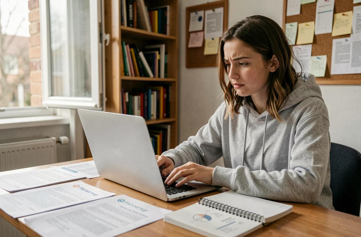 Jeune étudiante vérifiant son code UAI d'école sur Parcoursup depuis son bureau à domicile
