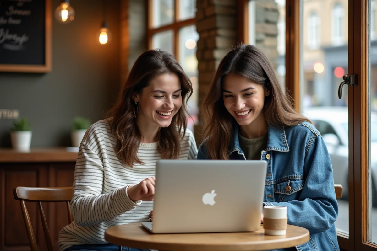 Deux étudiantes partageant un ordinateur portable dans un café pour comparer des offres et réductions sur une plateforme de shopping étudiant