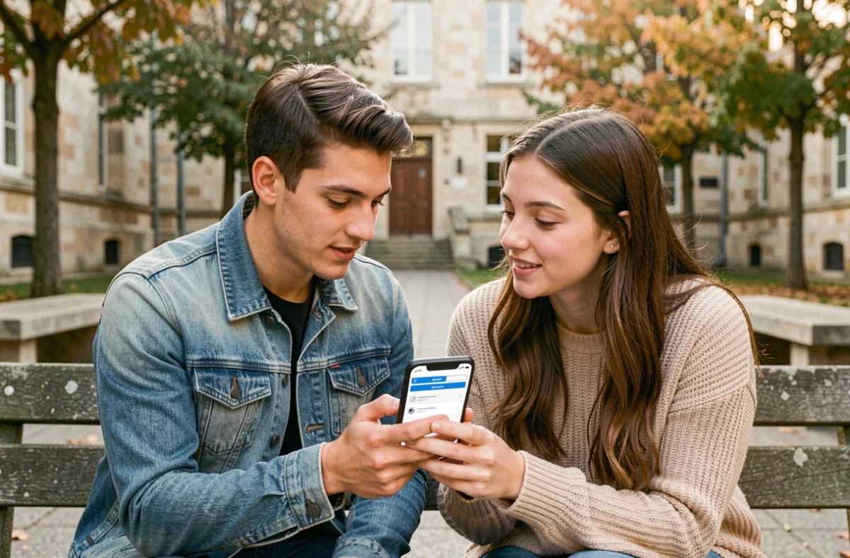 Deux étudiants ESME consultant ensemble les fonctionnalités cachées de l'application My Digital Campus sur un smartphone en extérieur sur le campus