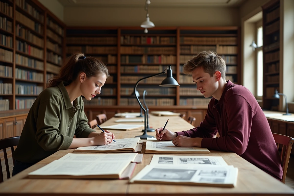 Deux étudiants consultant des portfolios dans une bibliothèque lors d'une préparation aux concours Gobelin