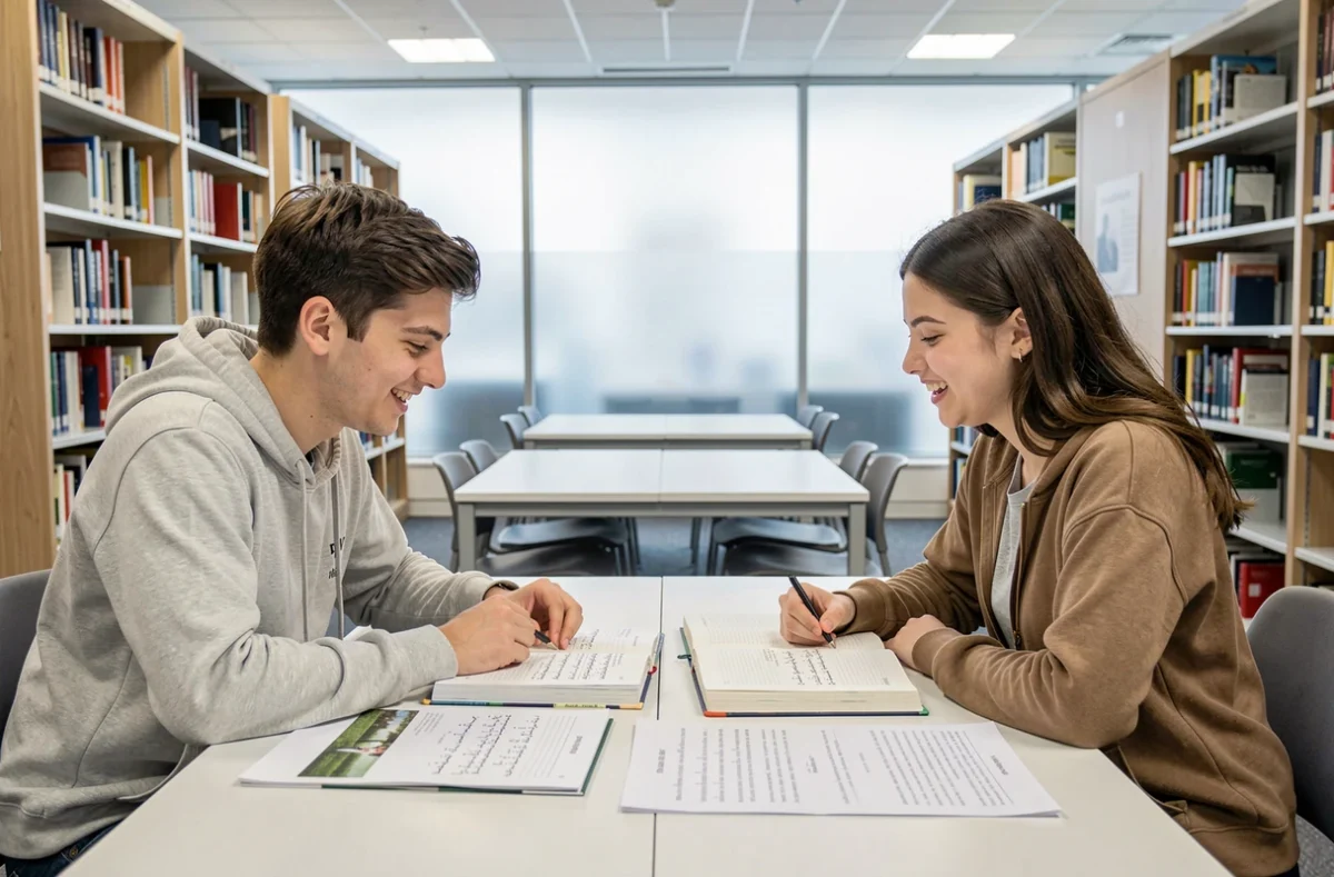 Deux étudiants pratiquant l'arabe ensemble à une table de bibliothèque universitaire