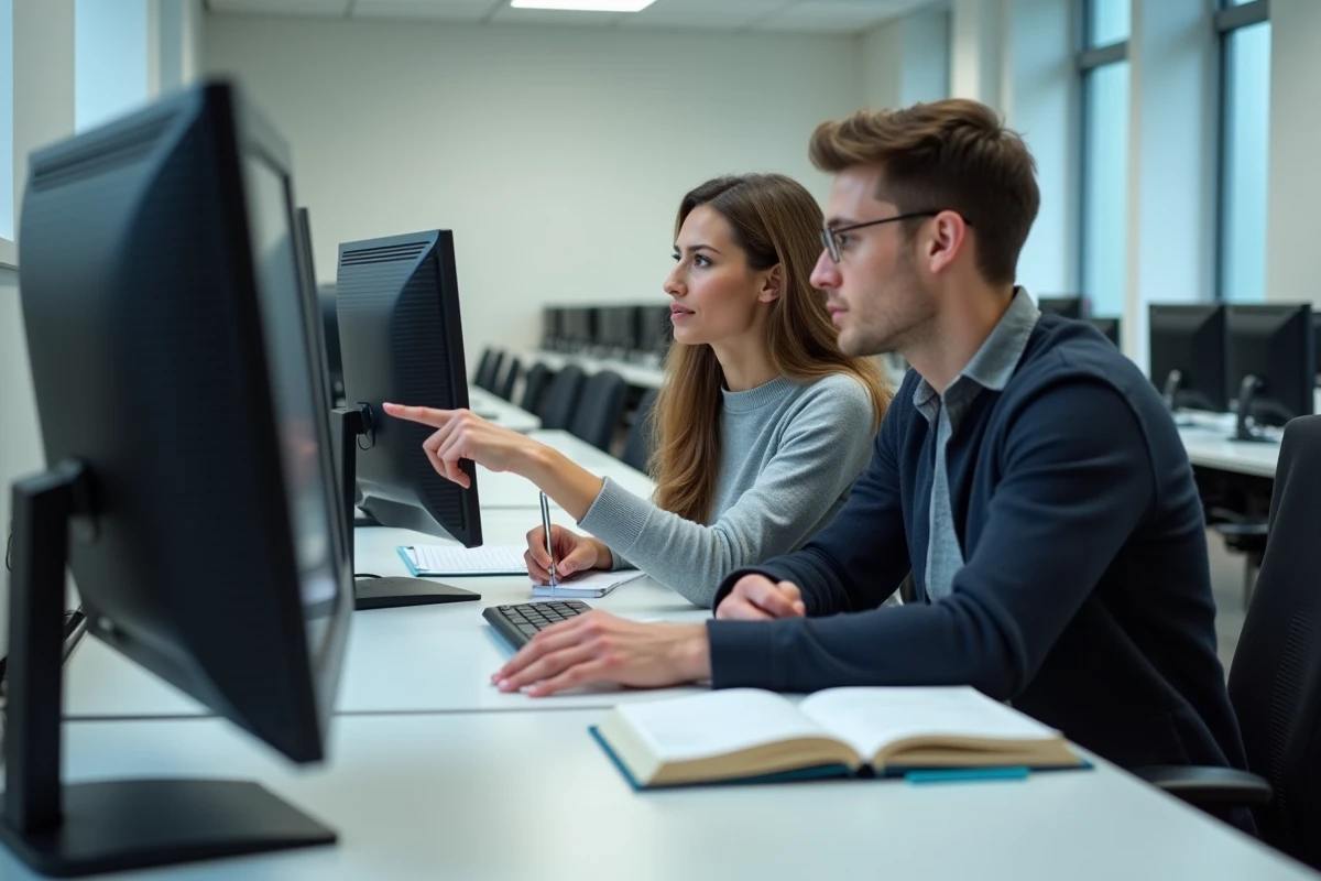 Deux étudiants de l'Université Bretagne Sud travaillant ensemble sur l'ENT UBS dans une salle informatique universitaire