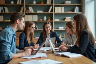 Groupe d'étudiants universitaires en discussion dans une salle moderne