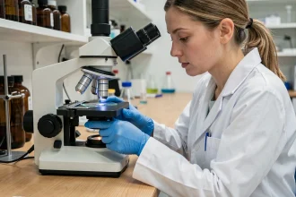 Scientifique en blouse blanche examinant une lame histologique sur un microscope en laboratoire universitaire