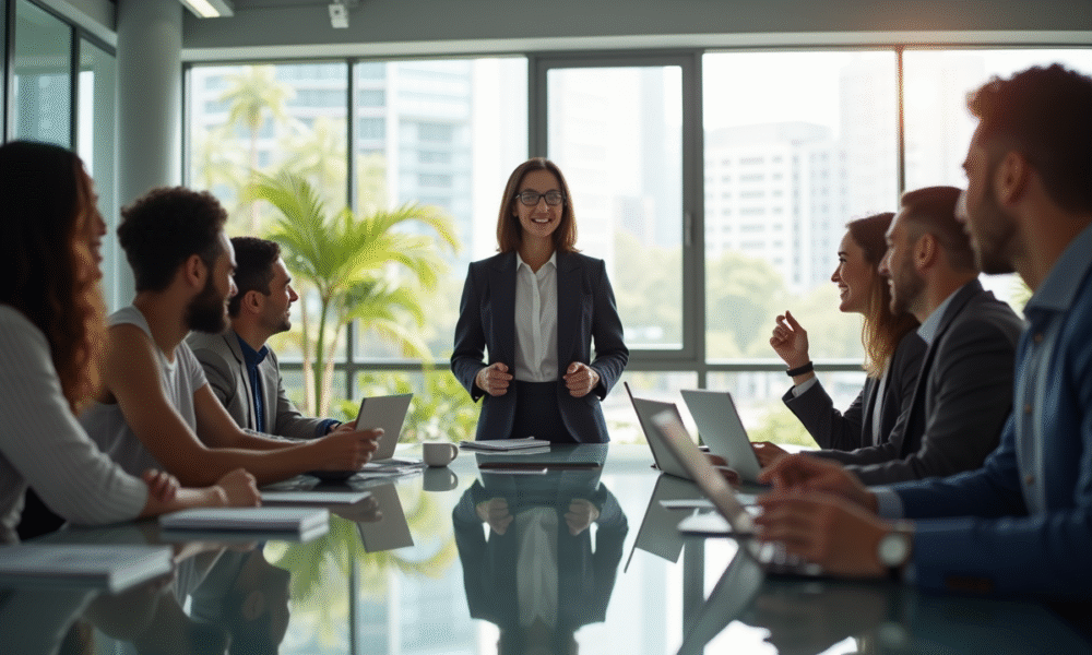 Femme d'affaires confiante dirigeant une équipe diversifiee dans un bureau lumineux