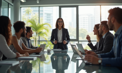 Femme d'affaires confiante dirigeant une équipe diversifiee dans un bureau lumineux
