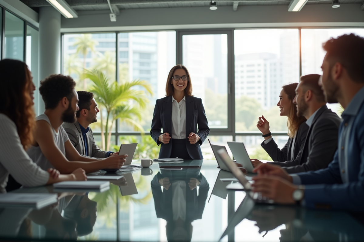 Femme d'affaires confiante dirigeant une équipe diversifiee dans un bureau lumineux