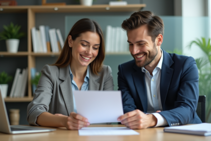 Femme d'affaires et jeune homme discutant au bureau