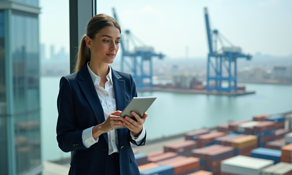 Femme d affaires en bureau avec vue port et grue