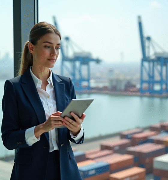 Femme d affaires en bureau avec vue port et grue