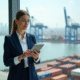 Femme d affaires en bureau avec vue port et grue