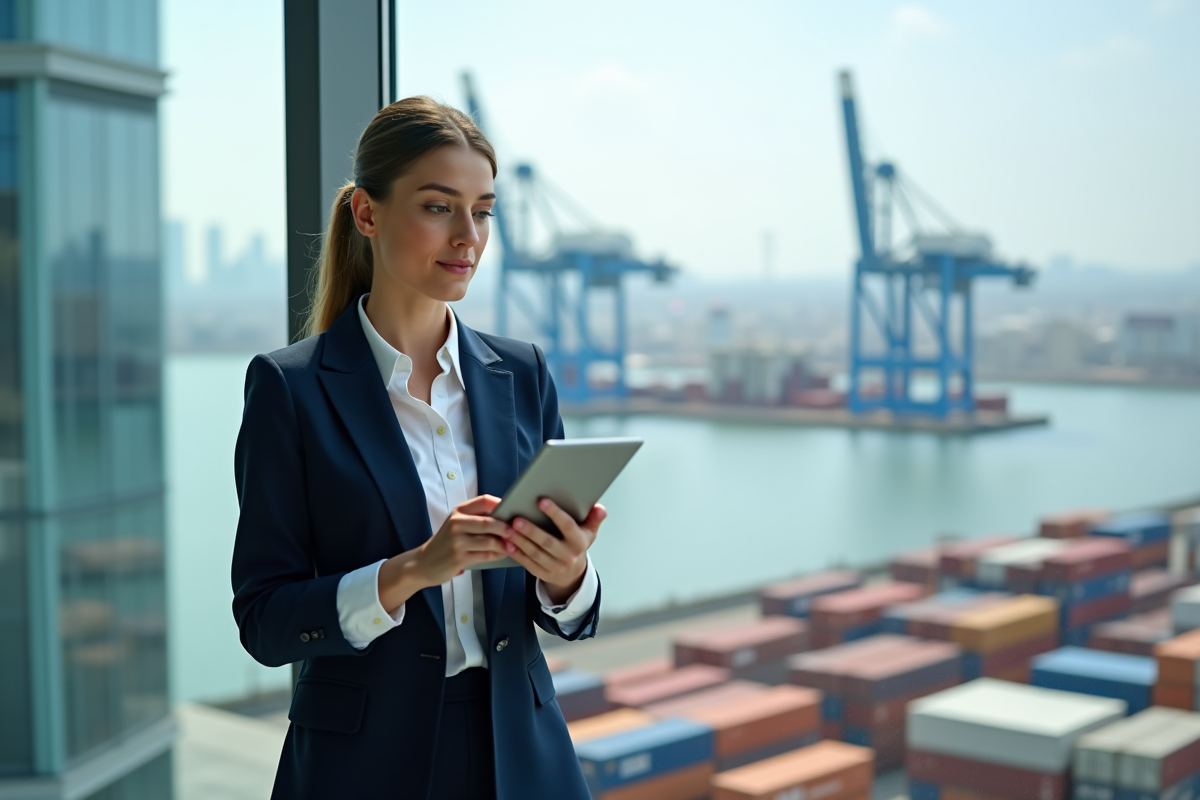 Femme d affaires en bureau avec vue port et grue
