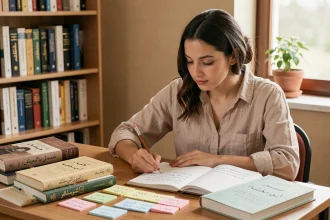 Jeune femme apprenant l'arabe avec des manuels et des fiches de vocabulaire sur un bureau en bois
