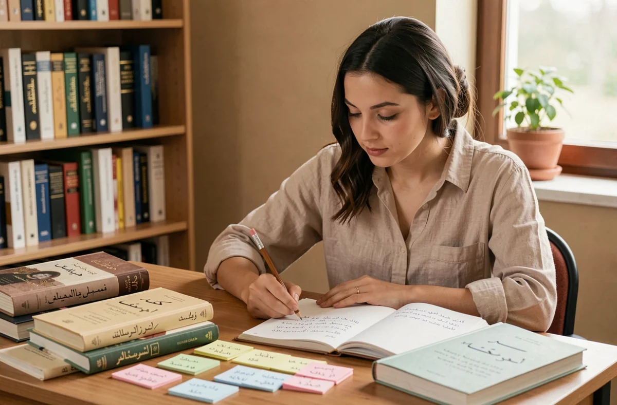 Jeune femme apprenant l'arabe avec des manuels et des fiches de vocabulaire sur un bureau en bois