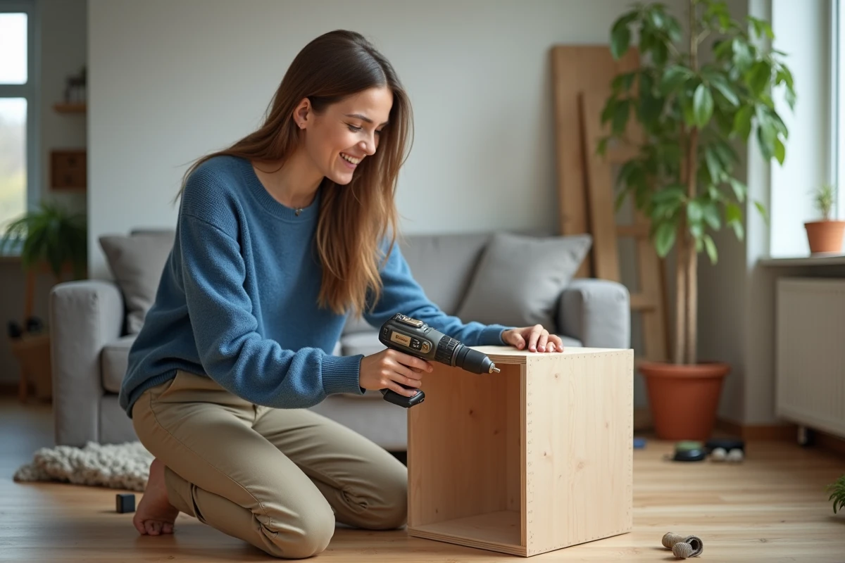 Jeune femme souriante assemble une petite bibliothèque avec une perceuse
