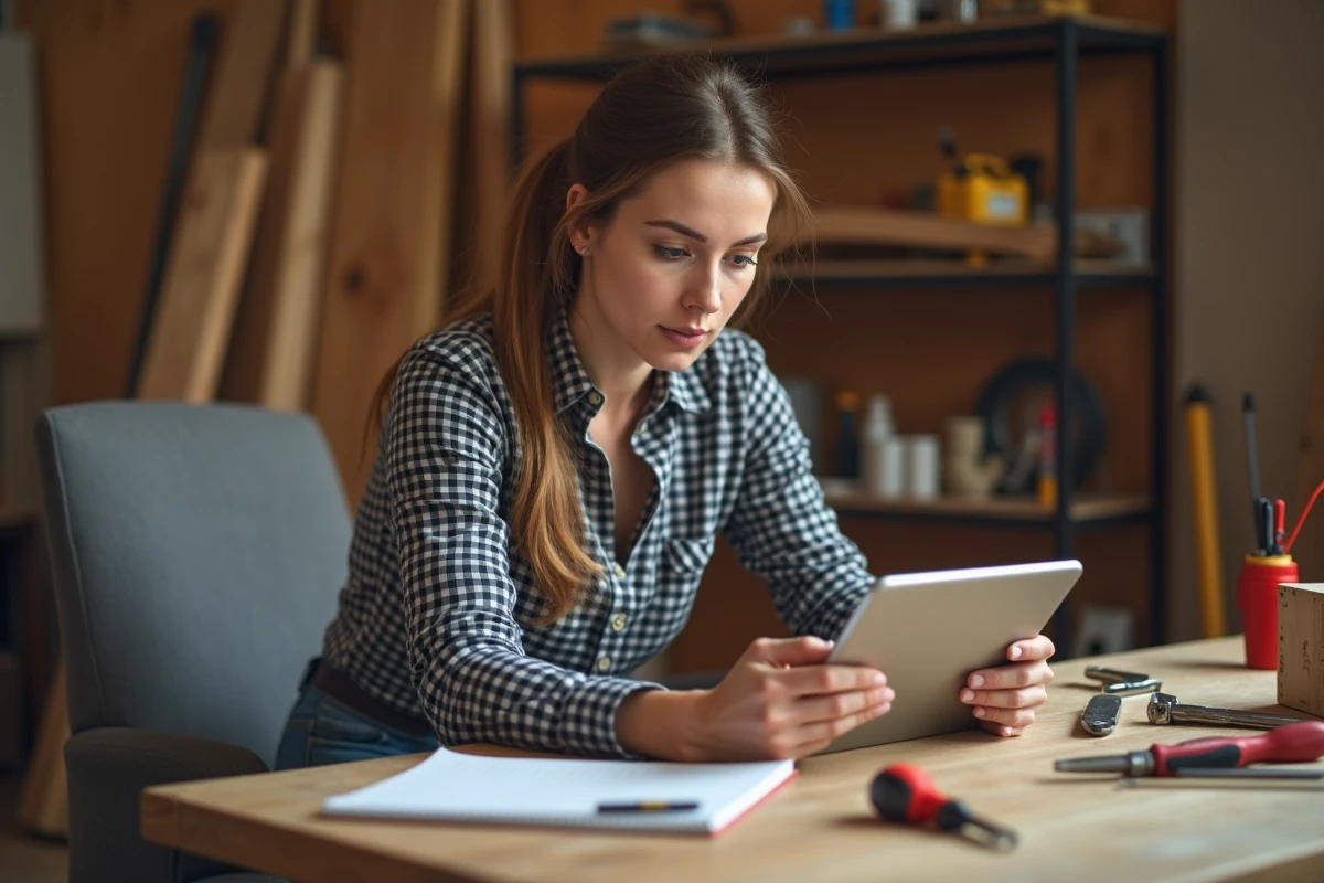 Femme en train de monter une petite étagère lors d'un cours en ligne