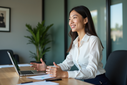 Jeune femme en bureau moderne en pleine discussion