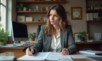 Femme en bureau à domicile examinant des documents