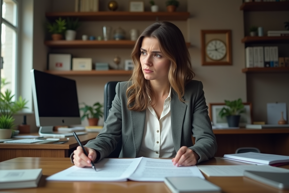 Femme en bureau à domicile examinant des documents