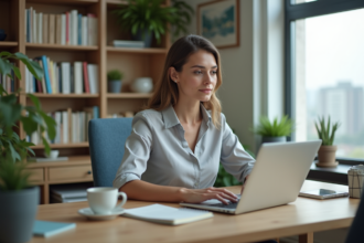 Femme travaillant sur son ordinateur dans un bureau lumineux