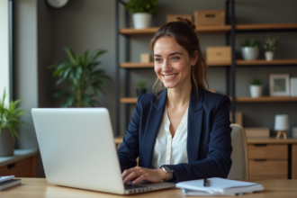 Jeune femme professionnelle travaillant sur son ordinateur en bureau