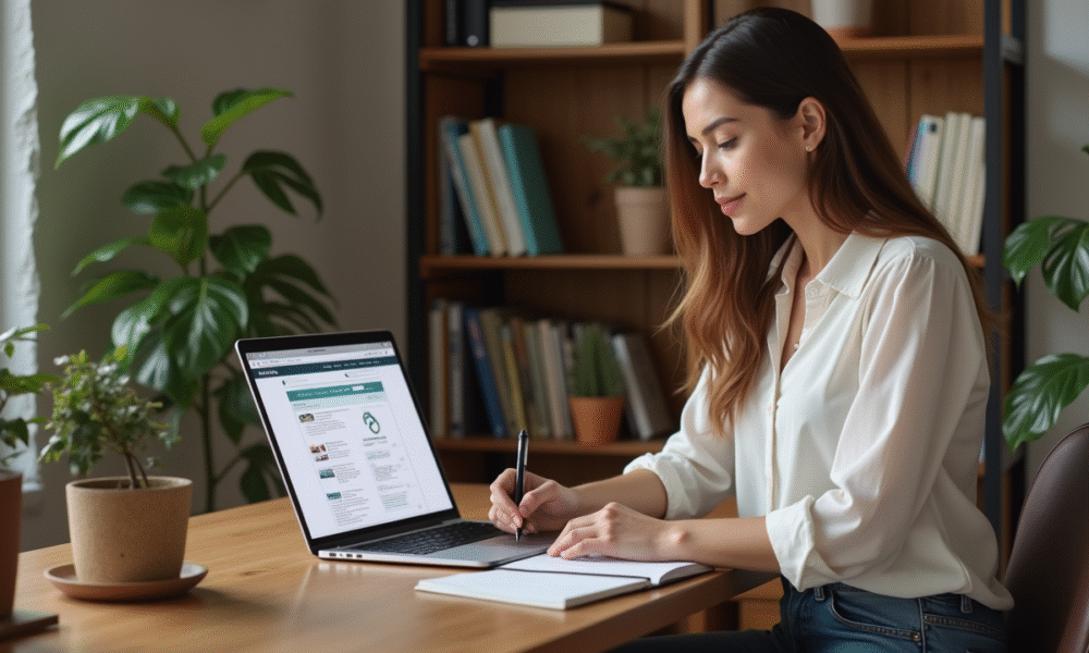 Jeune femme au bureau regardant un ordinateur portable