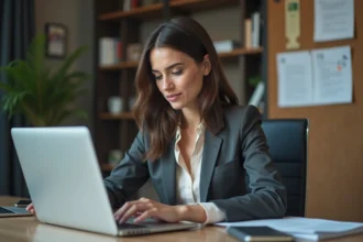 Femme concentrée au bureau avec ordinateur portable