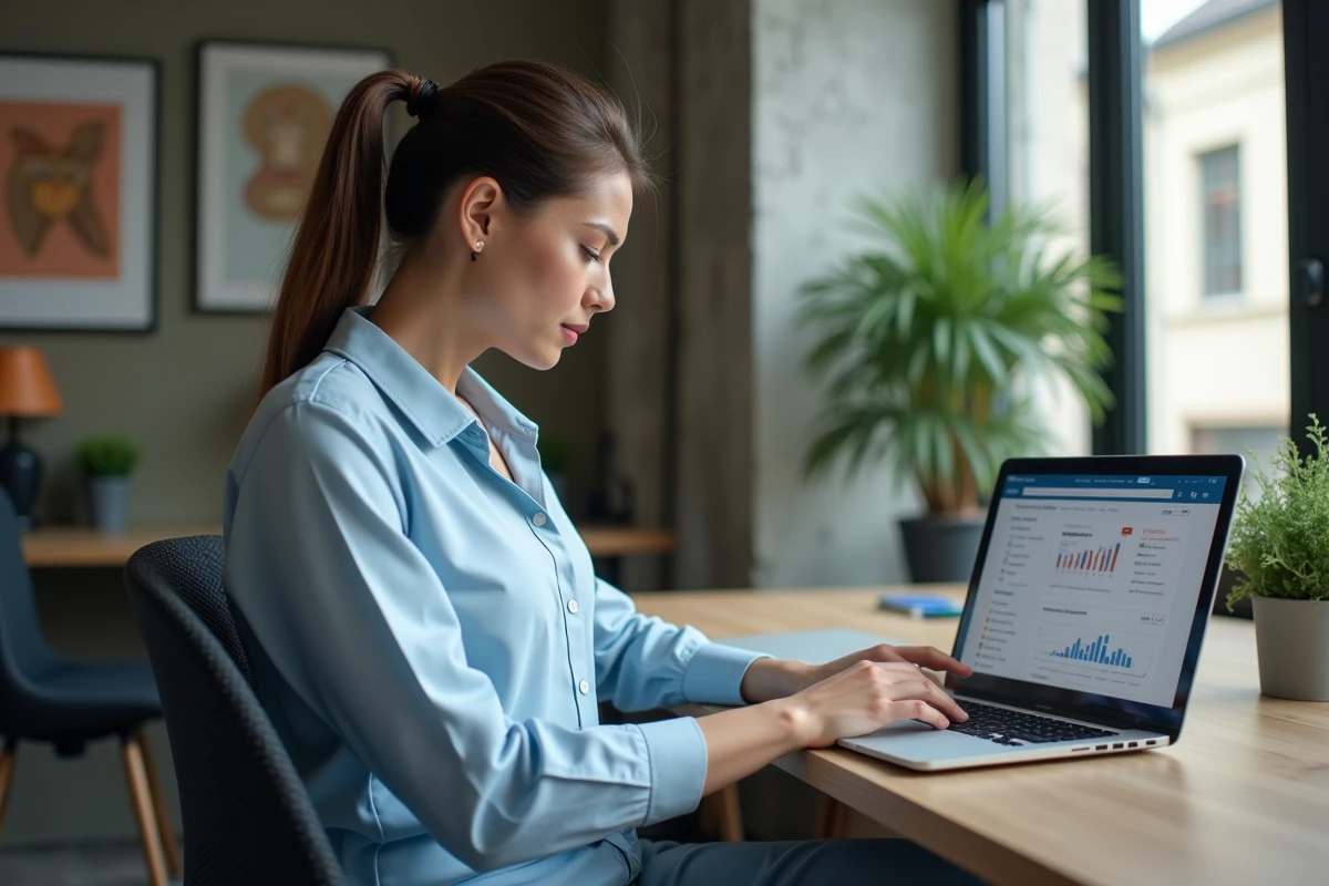 Femme en blouse bleue travaillant sur un ordinateur dans un bureau moderne