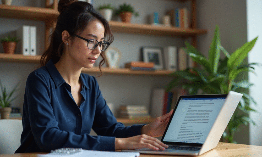 Femme en bureau moderne utilisant Word pour enregistrer
