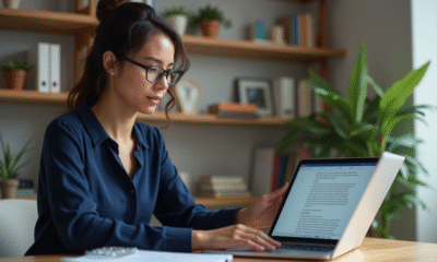 Femme en bureau moderne utilisant Word pour enregistrer
