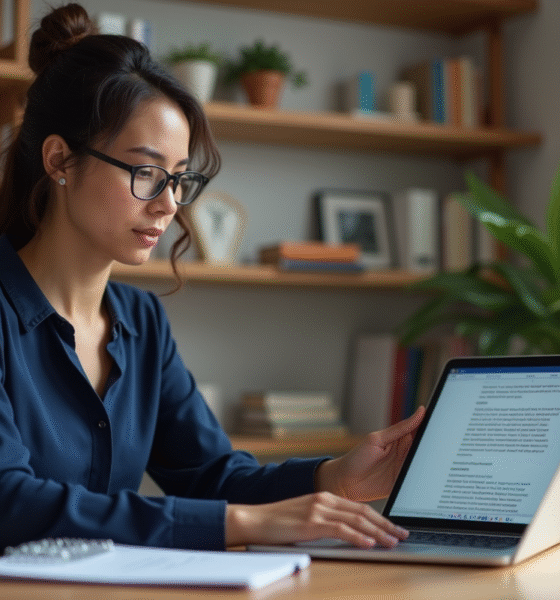 Femme en bureau moderne utilisant Word pour enregistrer