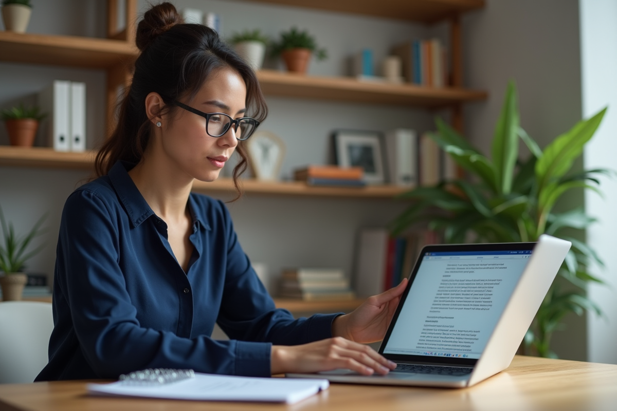Femme en bureau moderne utilisant Word pour enregistrer