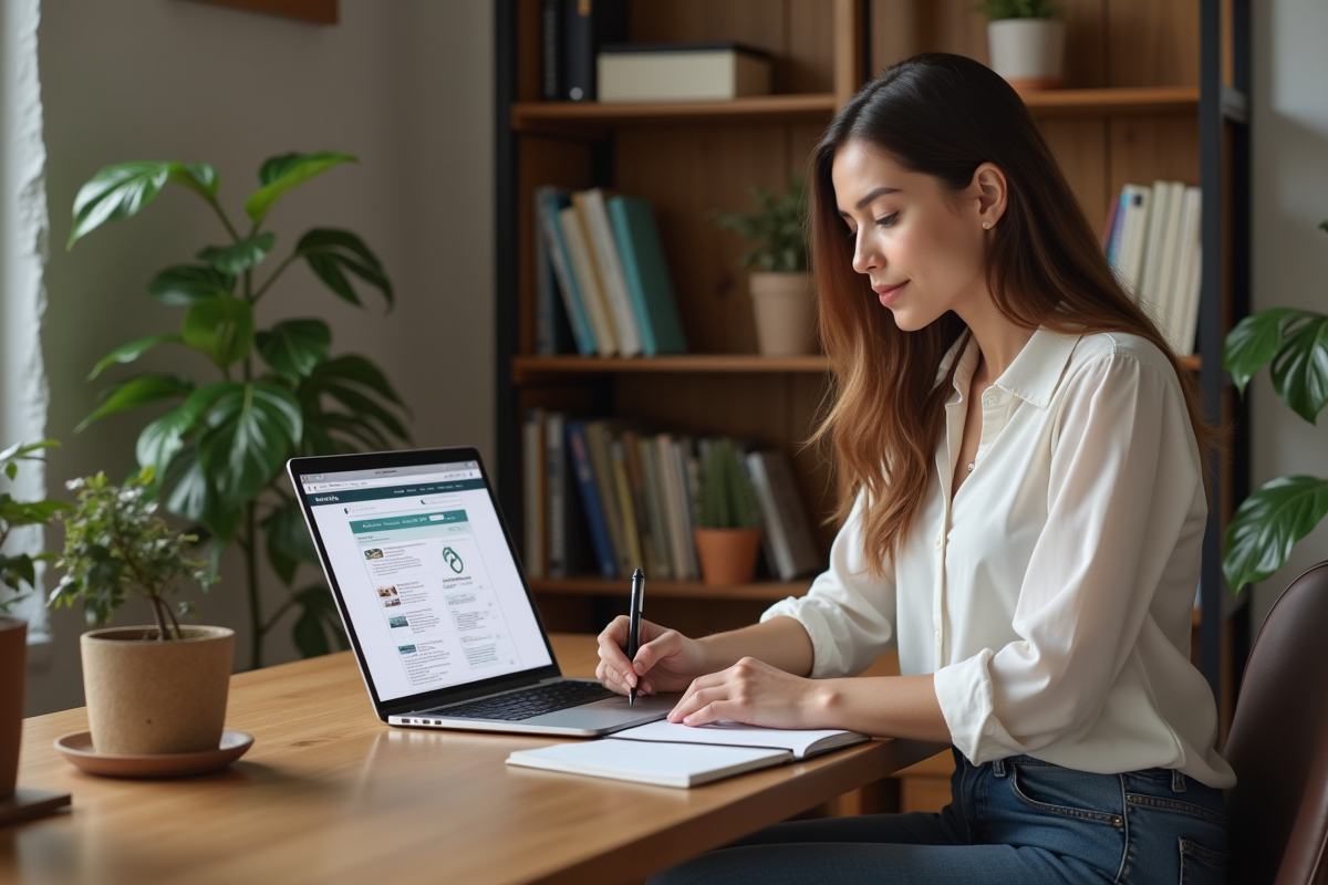 Jeune femme au bureau regardant un ordinateur portable