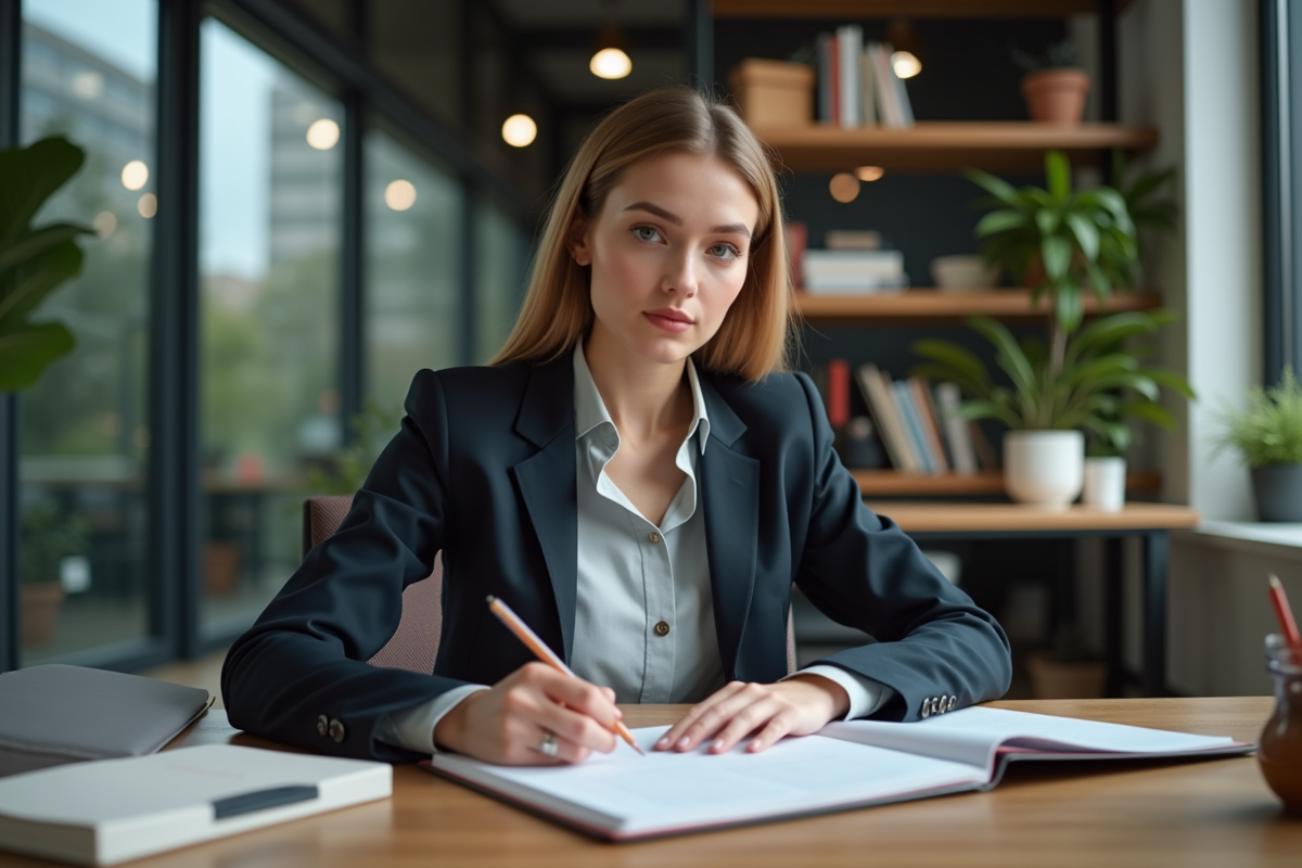 Jeune femme concentrée à son bureau moderne en intérieur