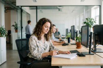 Jeune femme au bureau en tenue professionnelle concentrée