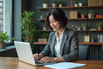 Femme d'affaires assise à son bureau moderne en entreprise