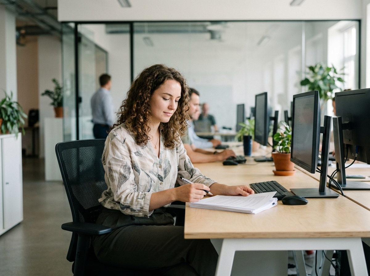 Jeune femme au bureau en tenue professionnelle concentrée