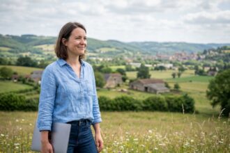 Femme dans la campagne près de Figeac avec ordinateur